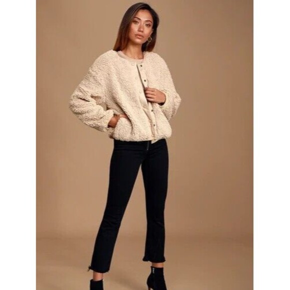 MOON RIVER Anthro Boho Sherpa Faux Suede Makenna Cream Snap Front Jacket XS - Picture 2 of 11